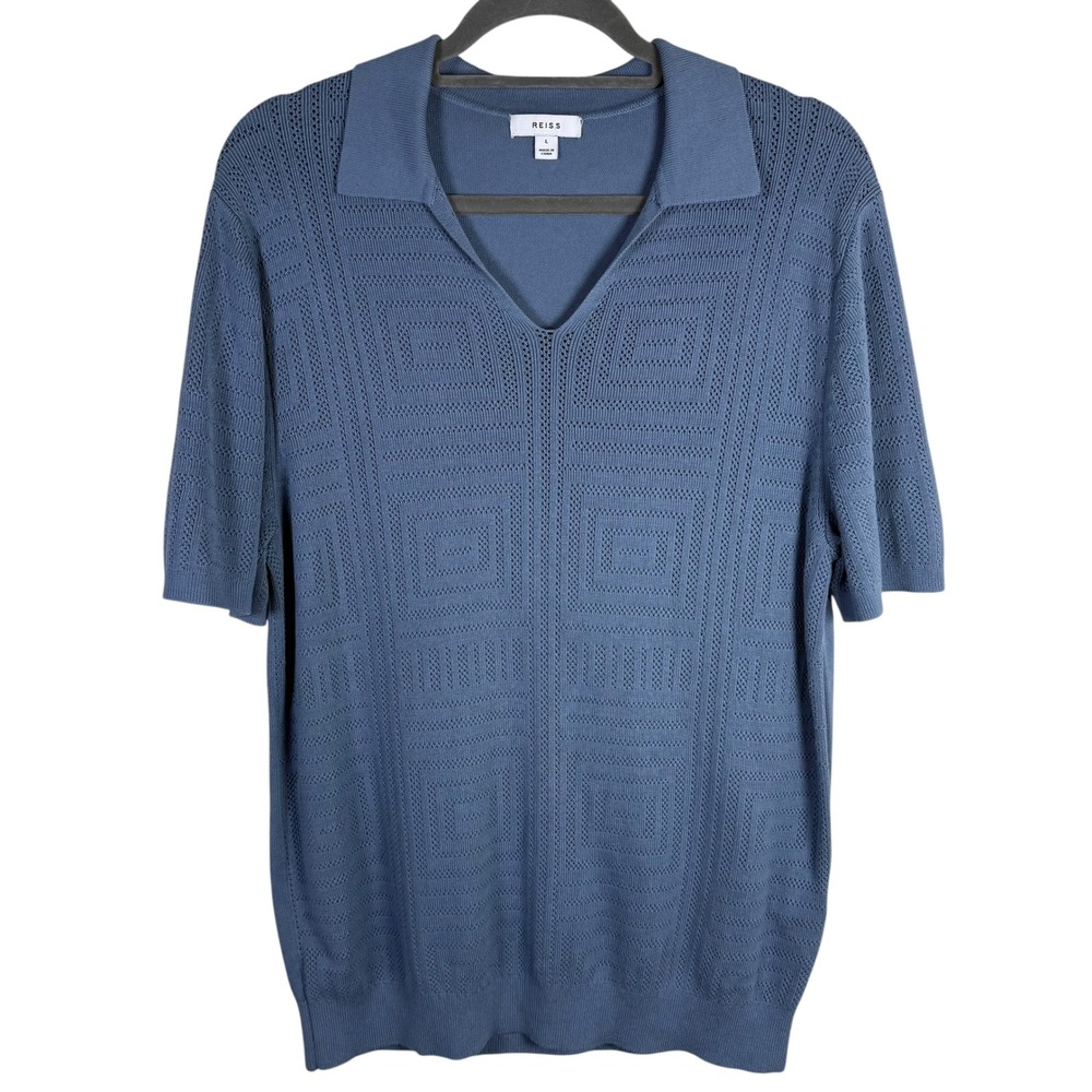 Reiss Men's Open Collar Blue Knit Short Sleeve Polo Shirt Size Large